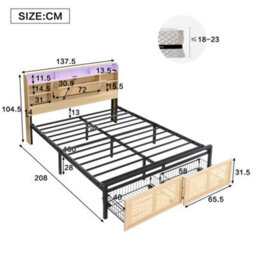 Abrihome Wooden Bed With Charging Port & Led Lights - 4Ft6 Double, 135X190Cm, Rattan-Style Wheeled Drawer, Storage Headboard, Wood Colour - thumbnail 4