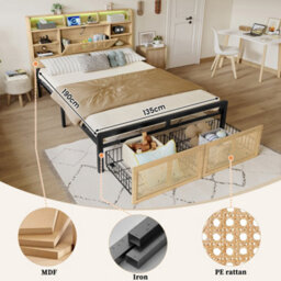 Abrihome Wooden Bed With Charging Port & Led Lights - 4Ft6 Double, 135X190Cm, Rattan-Style Wheeled Drawer, Storage Headboard, Wood Colour - thumbnail 5