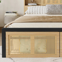 Abrihome Wooden Bed With Charging Port & Led Lights - 4Ft6 Double, 135X190Cm, Rattan-Style Wheeled Drawer, Storage Headboard, Wood Colour - thumbnail 8