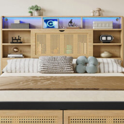 Abrihome Wooden Bed With Charging Port & Led Lights - 4Ft6 Double, 135X190Cm, Rattan-Style Wheeled Drawer, Storage Headboard, Wood Colour - thumbnail 9