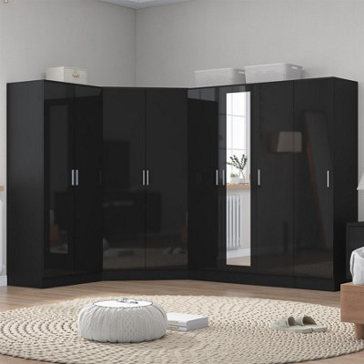 Reflect 4Pc Wardrobe Bundle - 2 Door Corner + 3 Door Mirror + 2Dr + 1Dr Plain - Black Gloss & Black Oak - H: 180Cm X W: 329Cm - image 1
