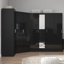 Reflect 4Pc Wardrobe Bundle - 2 Door Corner + 3 Door Mirror + 2Dr + 1Dr Plain - Black Gloss & Black Oak - H: 180Cm X W: 329Cm - thumbnail 3