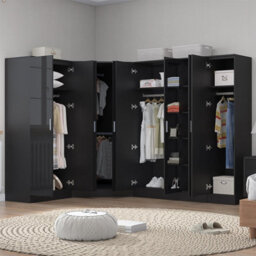 Reflect 4Pc Wardrobe Bundle - 2 Door Corner + 3 Door Mirror + 2Dr + 1Dr Plain - Black Gloss & Black Oak - H: 180Cm X W: 329Cm - thumbnail 2