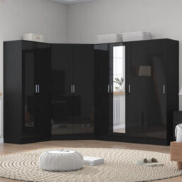 Reflect 4Pc Wardrobe Bundle - 2 Door Corner + 3 Door Mirror + 2Dr + 1Dr Plain - Black Gloss & Black Oak - H: 180Cm X W: 329Cm