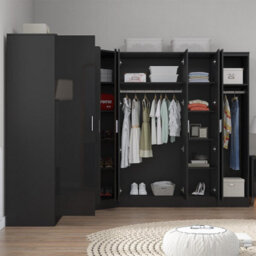 Reflect 4Pc Wardrobe Bundle - 2 Door Corner + 3 Door Mirror + 2Dr + 1Dr Plain - Black Gloss & Black Oak - H: 180Cm X W: 329Cm - thumbnail 4