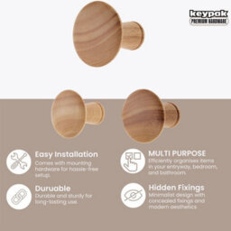 Keypak Decorative Wall Hooks Wall-Mounted Coat Hooks - Set Of 3 Round Wooden Hangers, Oak Effect, 50mm - thumbnail 2