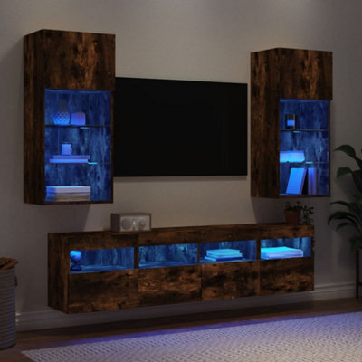 Walplus 5 Piece Tv Wall Units With Led Smoked Oak Engineered Wood - image 1