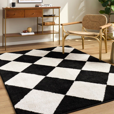Livabliss Tivoli-Washable Black Cream Modern High Pile Diamond Pattern Living Dining Bedroom Rug 200 X 275 Cm Easy Care, Non Shedding - image 1
