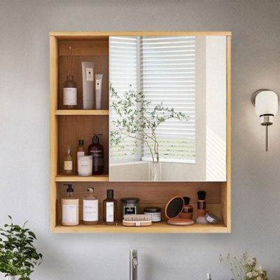 Fativo L55.5X W16X H61Cm Wall Bathroom Cabinet With Mirror Door Bamboo Medicine Cabinet Storage Organizer - image 1