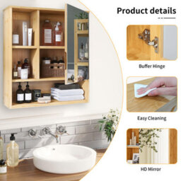 Fativo L55.5X W16X H61Cm Wall Bathroom Cabinet With Mirror Door Bamboo Medicine Cabinet Storage Organizer - thumbnail 4