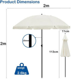 Vivo 2M Outdoor Garden Parasols Umbrella With Crank Handle Tilting Sunshade Uv 30+ - Cream - thumbnail 6