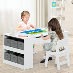 Costway 2-In-1 Kids Art Table And Chairs Set Wooden Toddler Craft Easel Desk-White - thumbnail 3