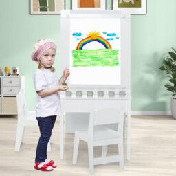 Costway 2-In-1 Kids Art Table And Chairs Set Wooden Toddler Craft Easel Desk-White - thumbnail 4