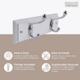 Keypak 2-Hook Door Wall Mounted Coat Rack, 22.5Cm - White Wooden Board, Chrome Coat Hooks - Fixings Included - thumbnail 2