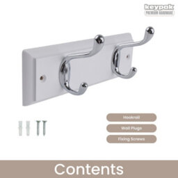 Keypak 2-Hook Door Wall Mounted Coat Rack, 22.5Cm - White Wooden Board, Chrome Coat Hooks - Fixings Included - thumbnail 4