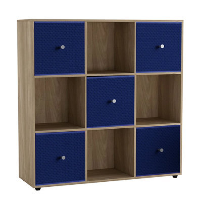 Urbn-Living 9 Cube Oak Wooden Bookcase Shelving Unit With 5 Collapsible Fabric Drawers Royal Blue - image 1