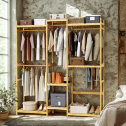 FURNOLD Large Wooden Clothes Rack Open Wardrobe With Storage Shelves - thumbnail 3