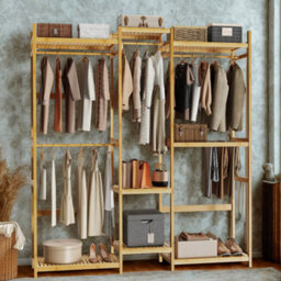FURNOLD Large Wooden Clothes Rack Open Wardrobe With Storage Shelves - thumbnail 4