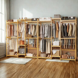 FURNOLD Large Wooden Clothes Rack Open Wardrobe With Storage Shelves - thumbnail 2