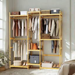 FURNOLD Large Wooden Clothes Rack Open Wardrobe With Storage Shelves - thumbnail 5