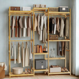 FURNOLD Large Wooden Clothes Rack Open Wardrobe With Storage Shelves - thumbnail 6