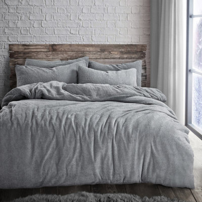 Velosso Teddy Fleece Duvet Cover & Pillowcase Set - Button Enclosure, Machine Washable Bedroom Essentials - Silver
