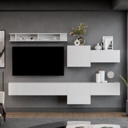 Decorotika Barcelona Moduler Modern Tv Unit Wall Mount High Gloss White - thumbnail 1