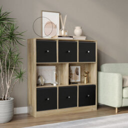 Urbn-Living Urbnliving Asymmetrical 8 Cube Bookcase Shelf Storage Unit W/ 6 Fabric Drawer Inserts (Oak+Black)