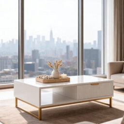 Modern White Coffee Table, With Drawer And Open Shelf - thumbnail 6