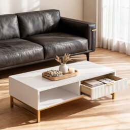 Modern White Coffee Table, With Drawer And Open Shelf - thumbnail 7