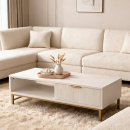 Modern White Coffee Table, With Drawer And Open Shelf