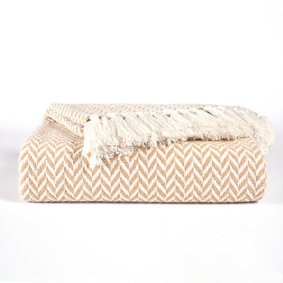 Ehc Herringbone Cotton Throw For Double Bed Sofa Couch,150 X 200 Cm, Beige - image 1