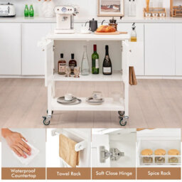 Costway Kitchen Storage Trolley Cart Rolling Island Shelves Cupboard 2 Doors &towel Rack - thumbnail 7