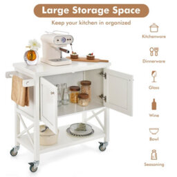 Costway Kitchen Storage Trolley Cart Rolling Island Shelves Cupboard 2 Doors &towel Rack - thumbnail 5