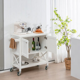 Costway Kitchen Storage Trolley Cart Rolling Island Shelves Cupboard 2 Doors &towel Rack - thumbnail 4
