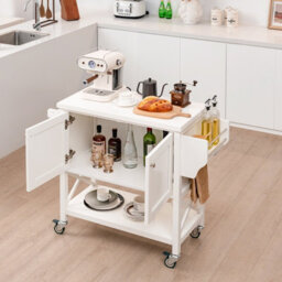 Costway Kitchen Storage Trolley Cart Rolling Island Shelves Cupboard 2 Doors &towel Rack - thumbnail 3