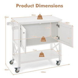 Costway Kitchen Storage Trolley Cart Rolling Island Shelves Cupboard 2 Doors &towel Rack - thumbnail 2