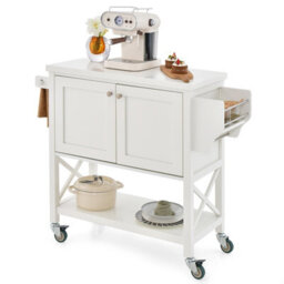 Costway Kitchen Storage Trolley Cart Rolling Island Shelves Cupboard 2 Doors &towel Rack - thumbnail 1