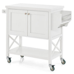 Costway Kitchen Storage Trolley Cart Rolling Island Shelves Cupboard 2 Doors &towel Rack - thumbnail 9
