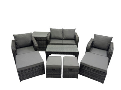 Fimous 3 Seater Sofa Reclining Chair Coffee Table Set Rattan Garden Outdoor Furniture Set With Side Tables 4 Stool Dark Grey Mixed - image 1