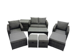 Fimous 3 Seater Sofa Reclining Chair Coffee Table Set Rattan Garden Outdoor Furniture Set With Side Tables 4 Stool Dark Grey Mixed - thumbnail 2