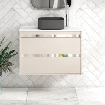 Royal Bathrooms Orion 800mm Warm Taupe Wall Hung Plain White Countertop Vanity Unit 2 Drawer With Art Square Basin & Chrome Accent Trim - image 1