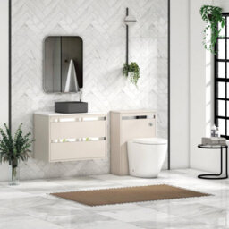 Royal Bathrooms Orion 800mm Warm Taupe Wall Hung Plain White Countertop Vanity Unit 2 Drawer With Art Square Basin & Chrome Accent Trim - thumbnail 3