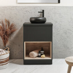 Homestylestore Black Grey 600mm Bathroom Vanity Unit Round Countertop Graphite Basin Open Shelf - thumbnail 2