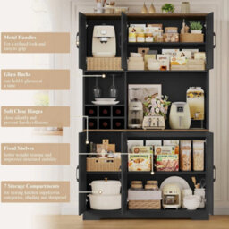 Black Kitchen Cupboard,180Cm Tall Kitchen Cabinet, Pantry Cupboard Removable Wine Rack - thumbnail 4