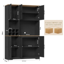Black Kitchen Cupboard,180Cm Tall Kitchen Cabinet, Pantry Cupboard Removable Wine Rack - thumbnail 2