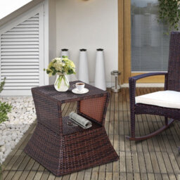 Outsunny Rattan Wicker Tea Coffee Table W/ Umbrella Hole Storage Space Brown - thumbnail 1