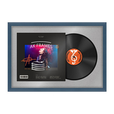 "AK Frames 25X17"" Navy Blue Classic Vinyl Record Frame With Silver Mount For 12 Inch Lp Cover & Disc - Overlapped Design" - image 1