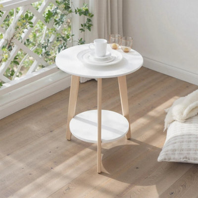 White Small 2Tier Solid Wood Side Table W/ Storage Shelf Round Coffee Sofa End Table - image 1
