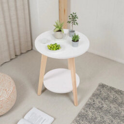 White Small 2Tier Solid Wood Side Table W/ Storage Shelf Round Coffee Sofa End Table - thumbnail 3